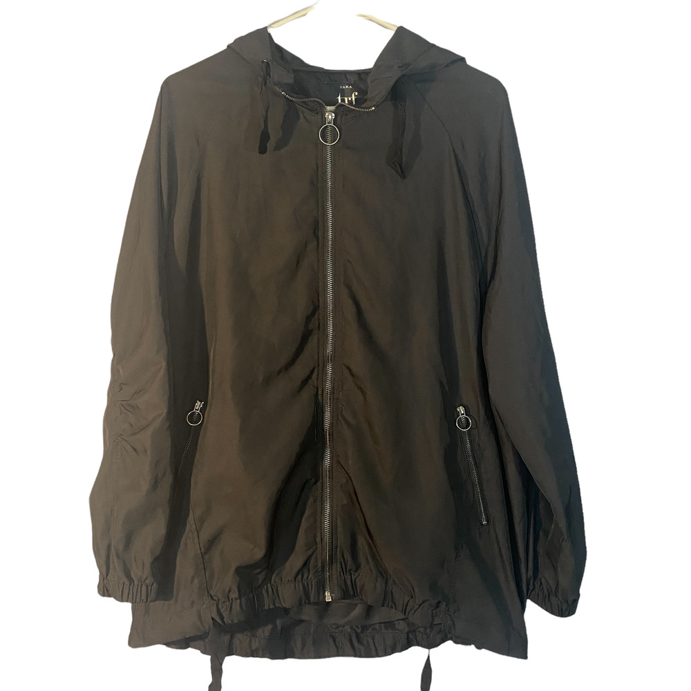 Zara Black Hooded Adjustable Waist Full Front Zipper Jacket Women Sz L